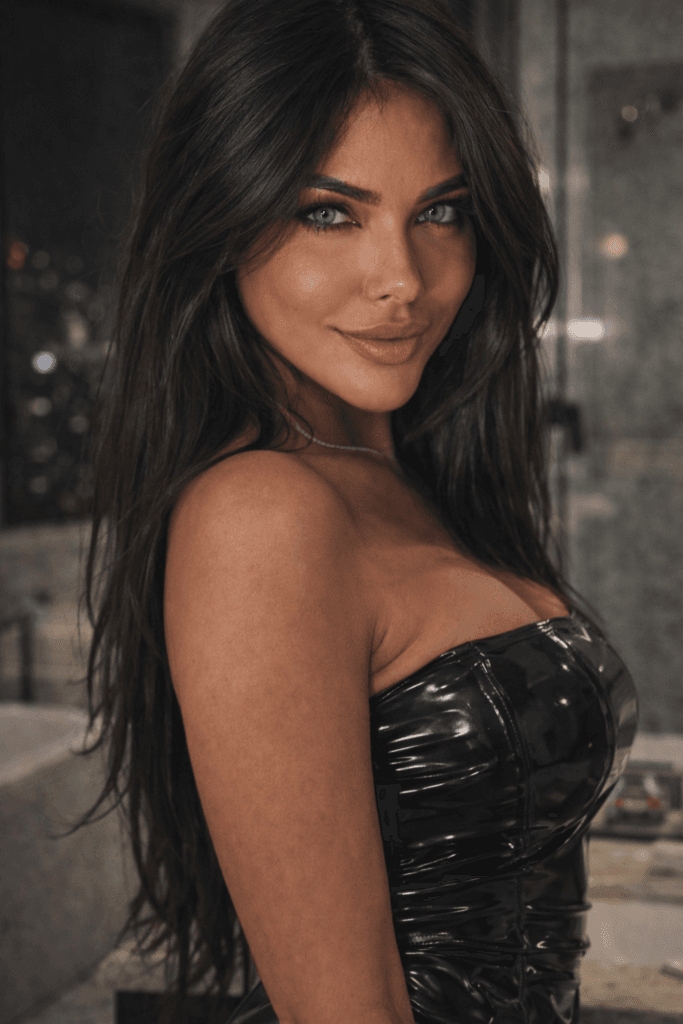Portrait of a woman with long dark hair in a shiny black strapless top, looking at the camera indoors at night.